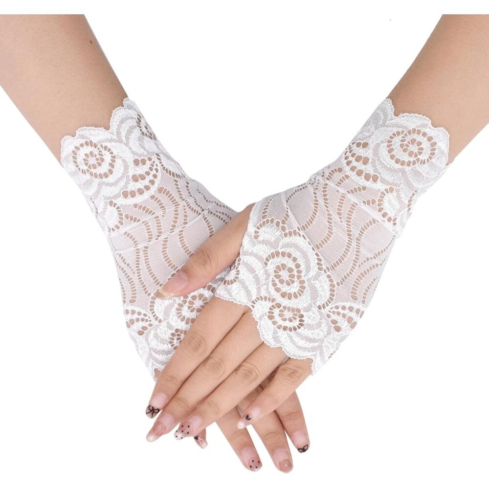 Women's St132-B-White Elegant Floral Lace Fingerless Short Gloves Party Prom